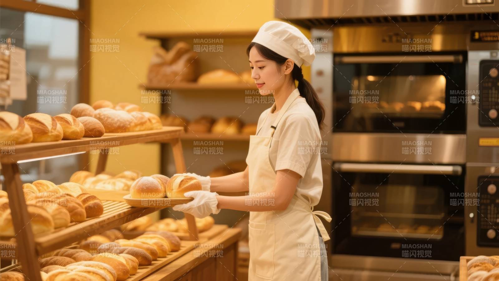 面包师整理新鲜面包图片