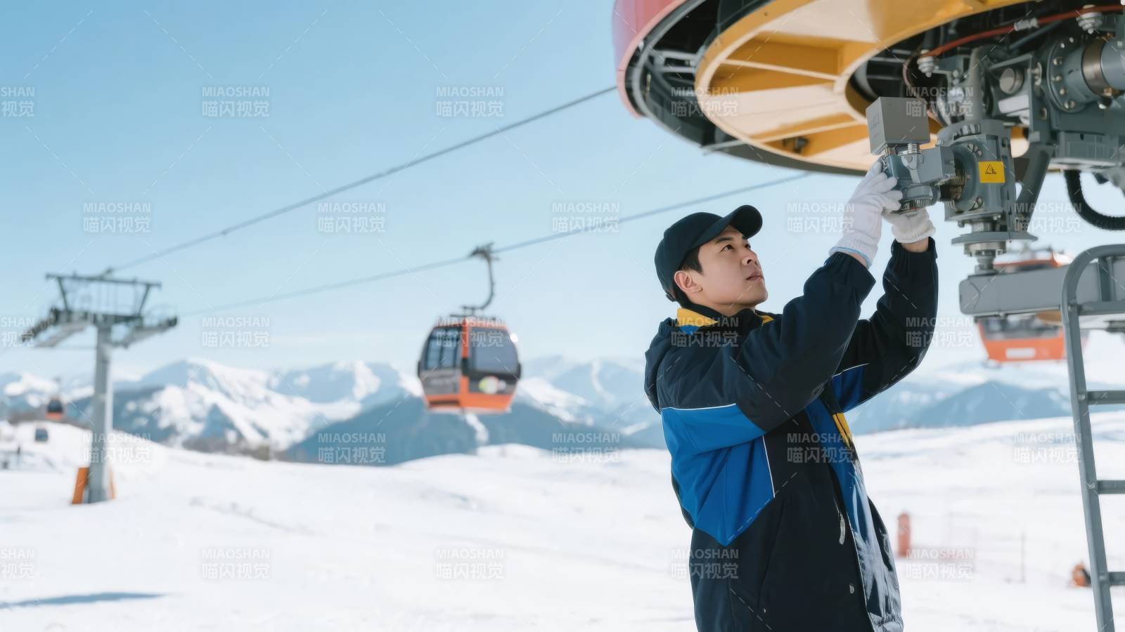 滑雪场工作人员检修缆车图片