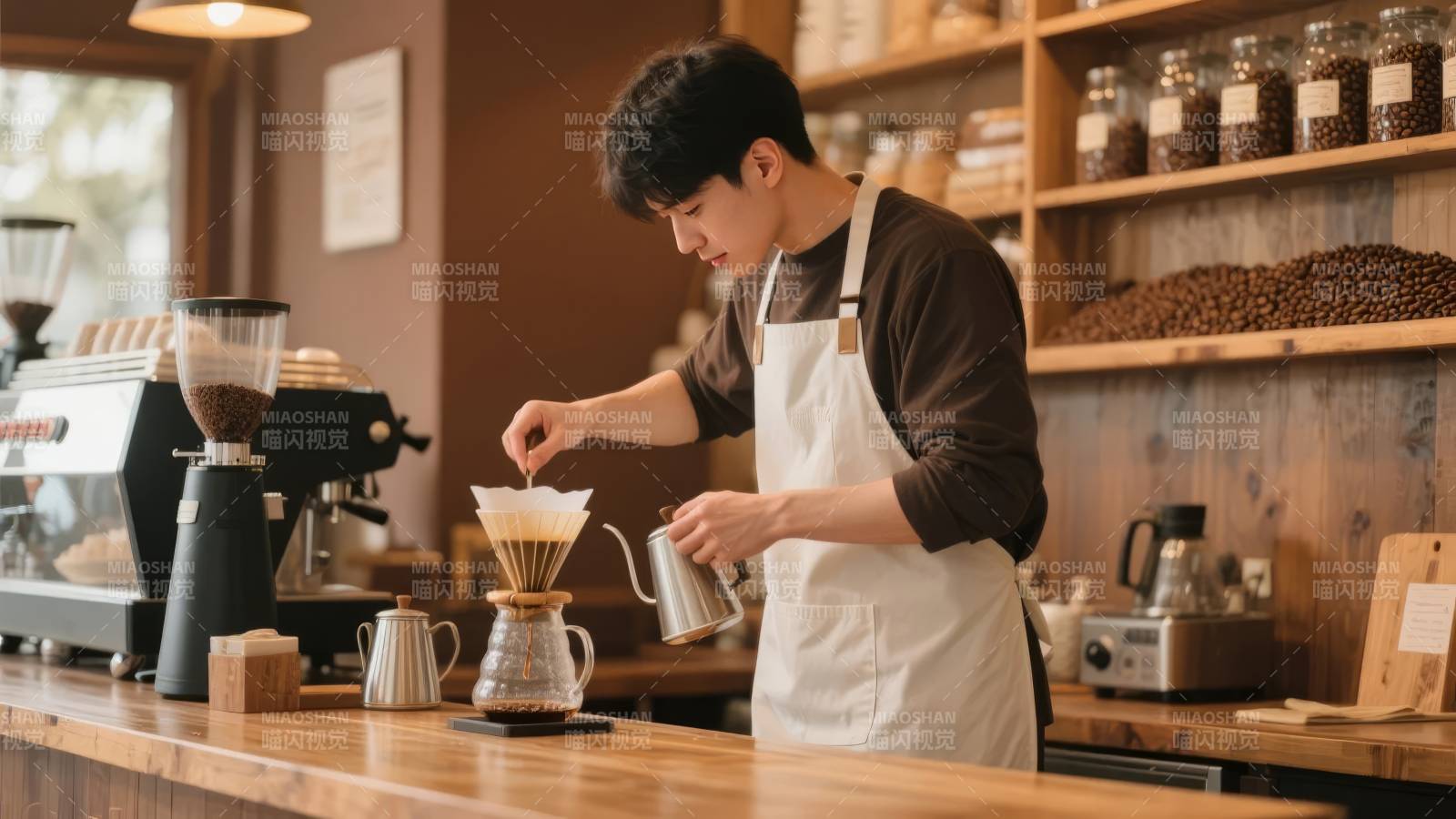 咖啡师专注手冲图片