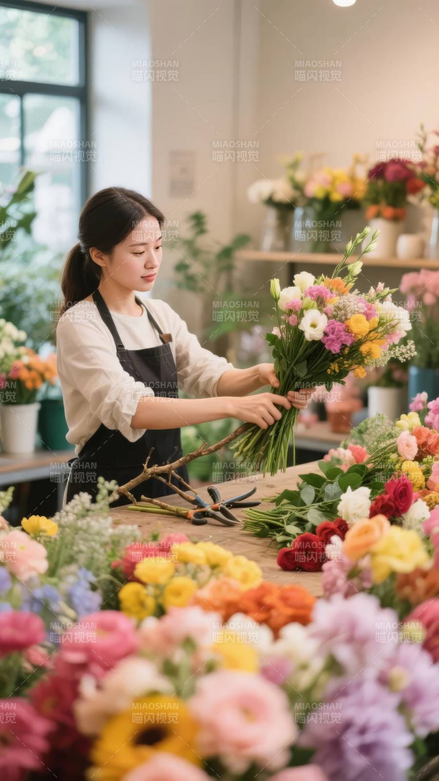 花艺师精心插花图片