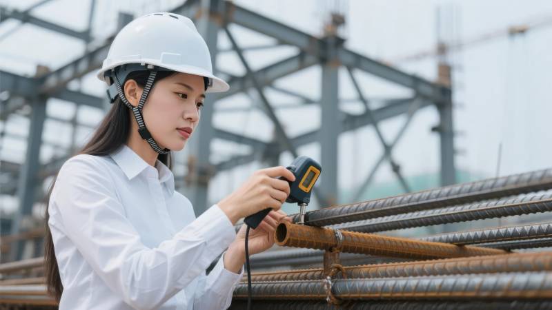 女工程师现场检测钢筋图片