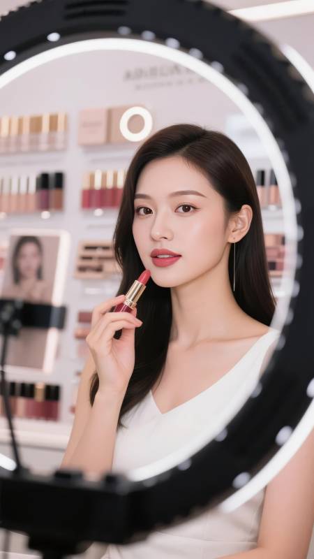 美妆镜前唇色迷人图片