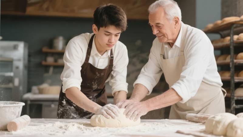 祖孙共制面包图片