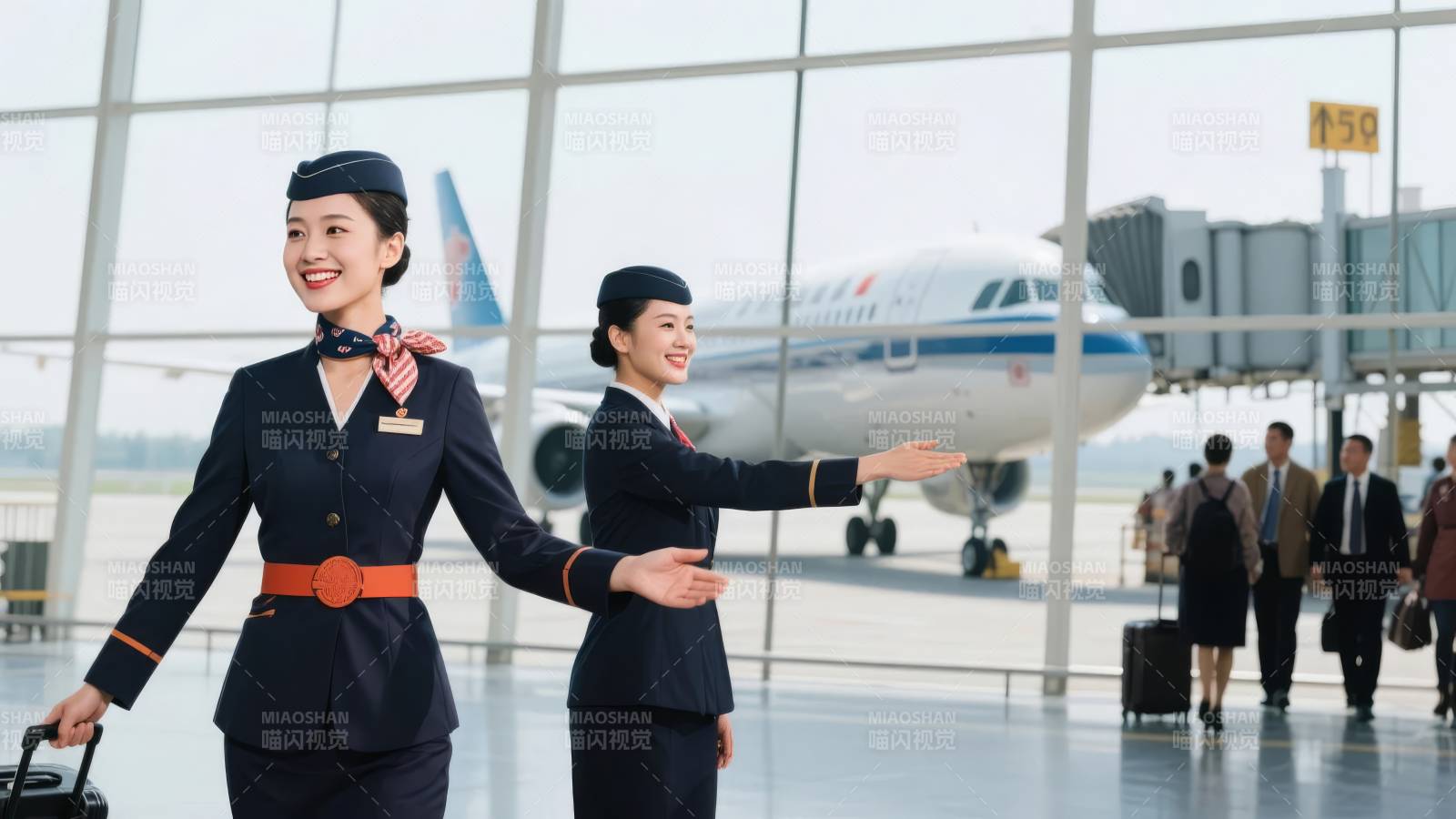 空姐迎接旅客图片