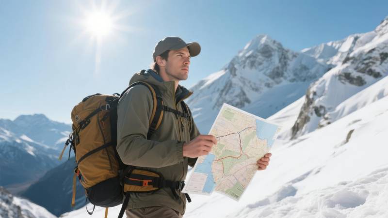 雪山徒步寻路图片