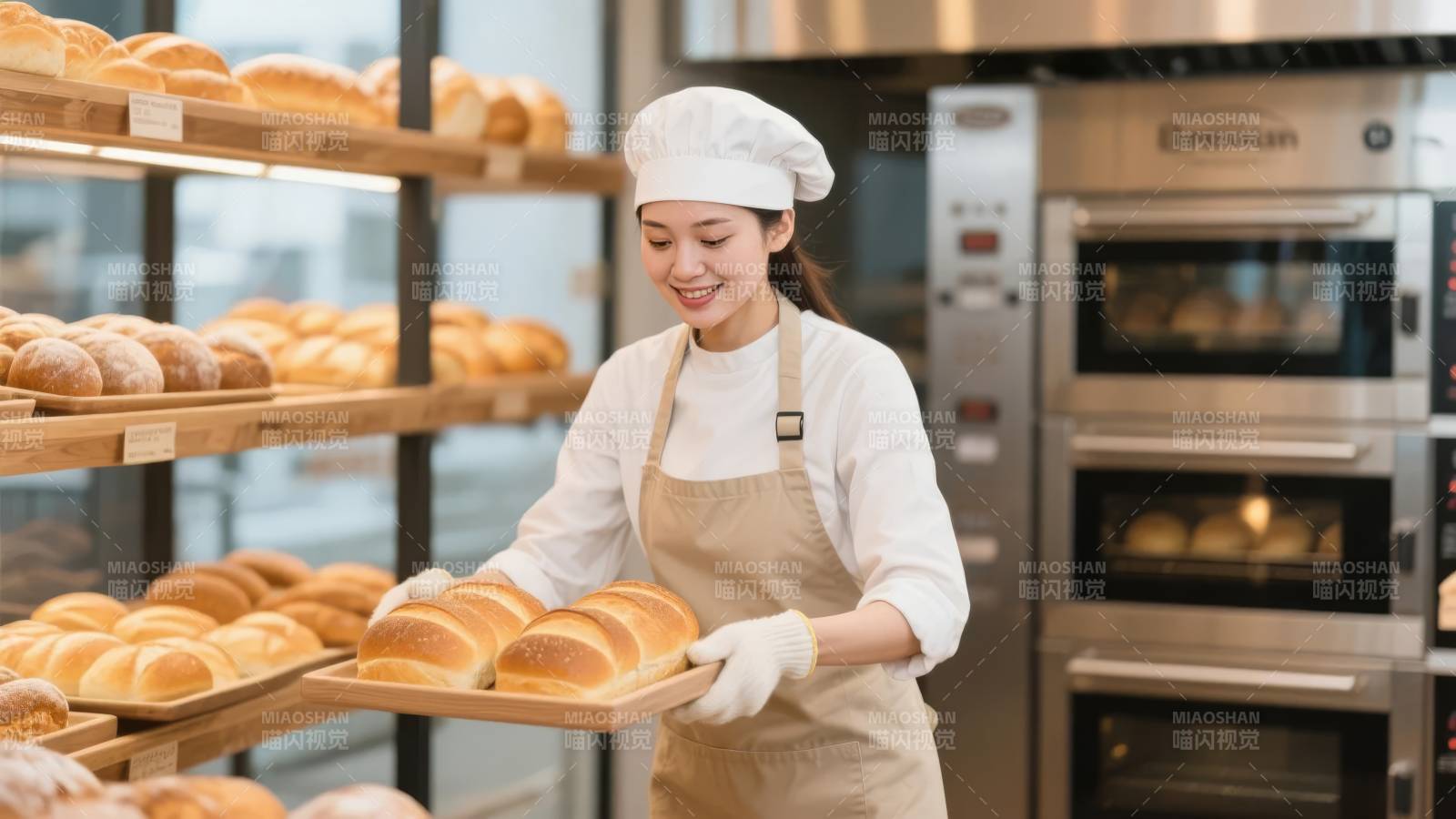 面包师微笑端出新鲜面包图片
