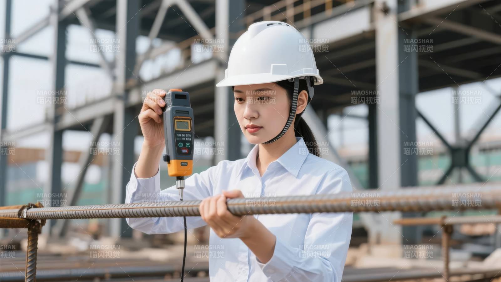 工地女工检测钢筋图片
