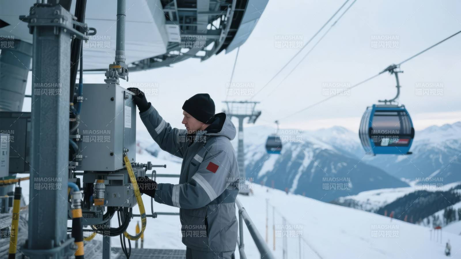 缆车维修工在雪山工作图片