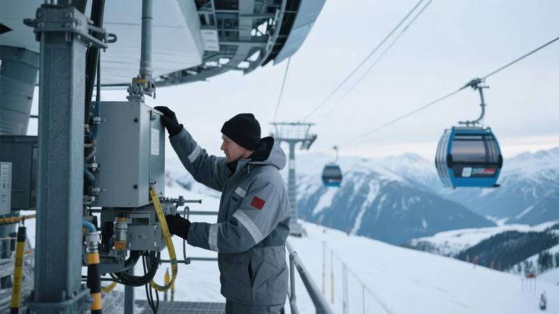 缆车维修工在雪山工作图片