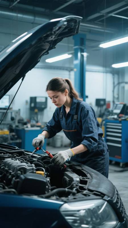女修车工专注检修图片