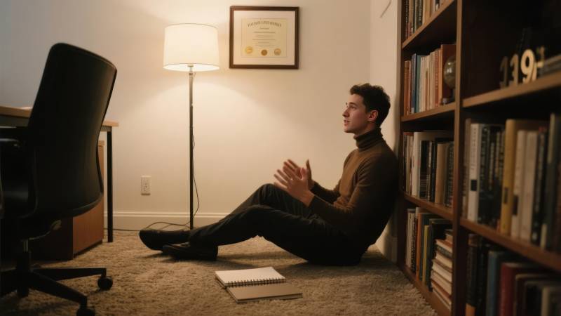 静坐书架旁图片