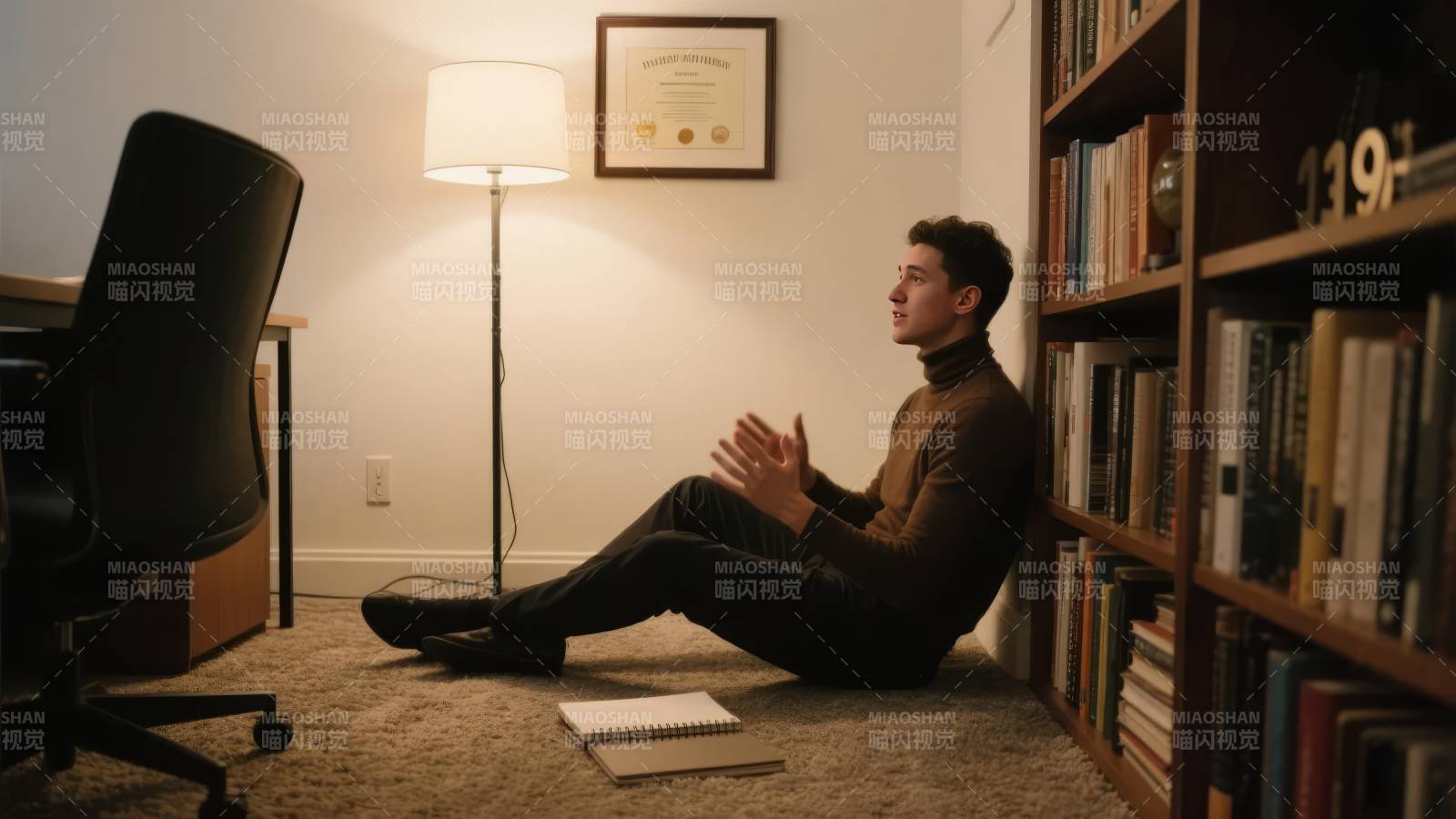 静坐书架旁图片