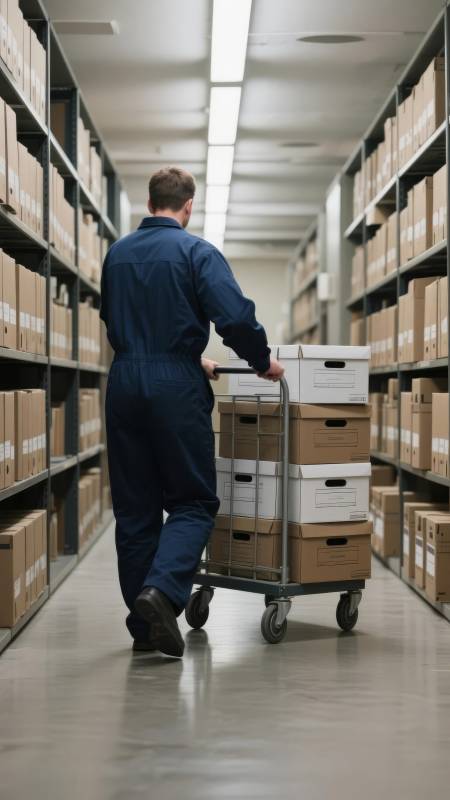 仓库搬运工推车前行图片