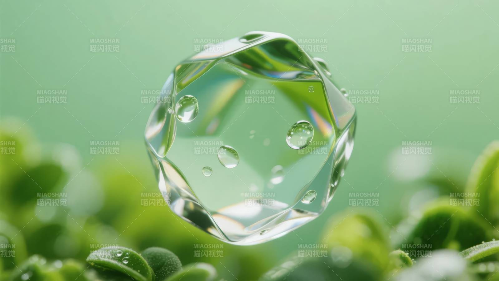 晶莹水滴绿意中图片