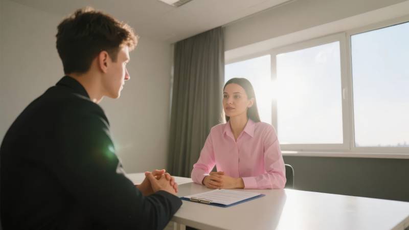 面试场景 一男一女对坐交谈图片
