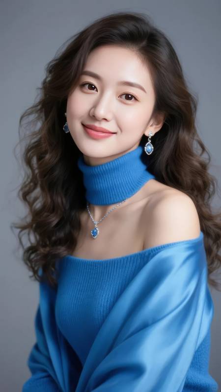 蓝衣女子微笑写真图片