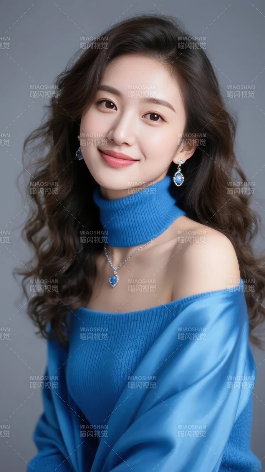 蓝衣女子微笑写真图片