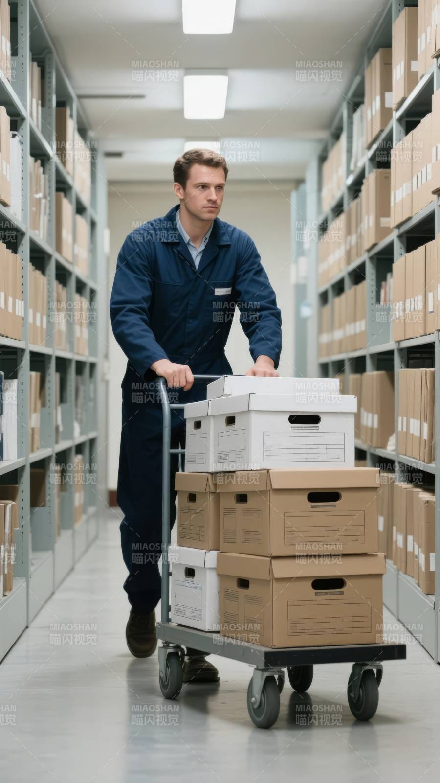 仓库工人推箱车图片