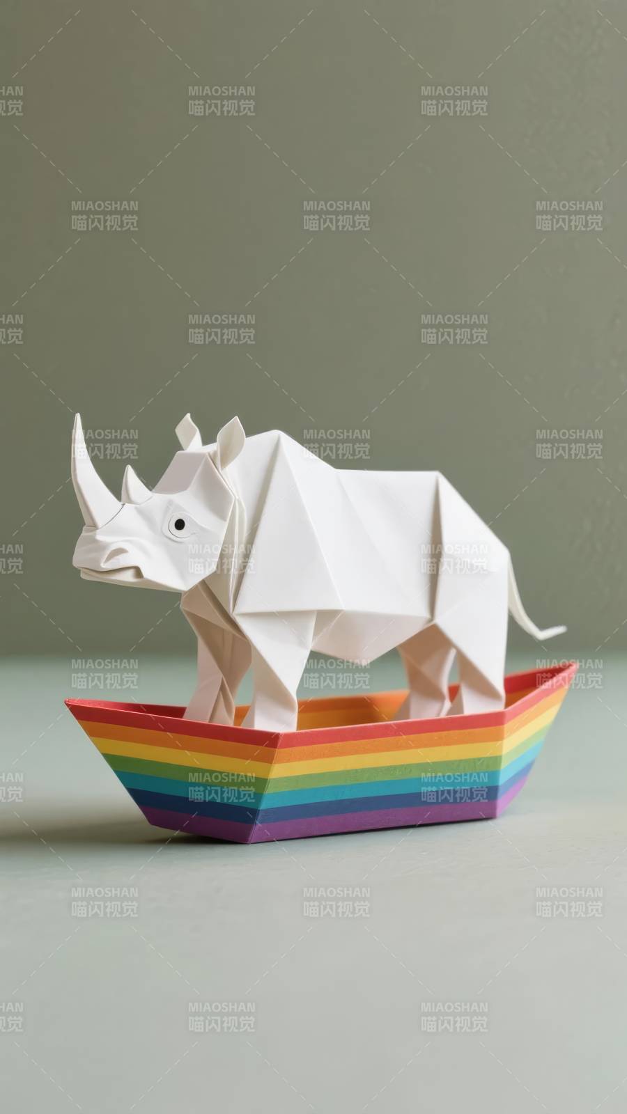 折纸犀牛乘彩虹船图片