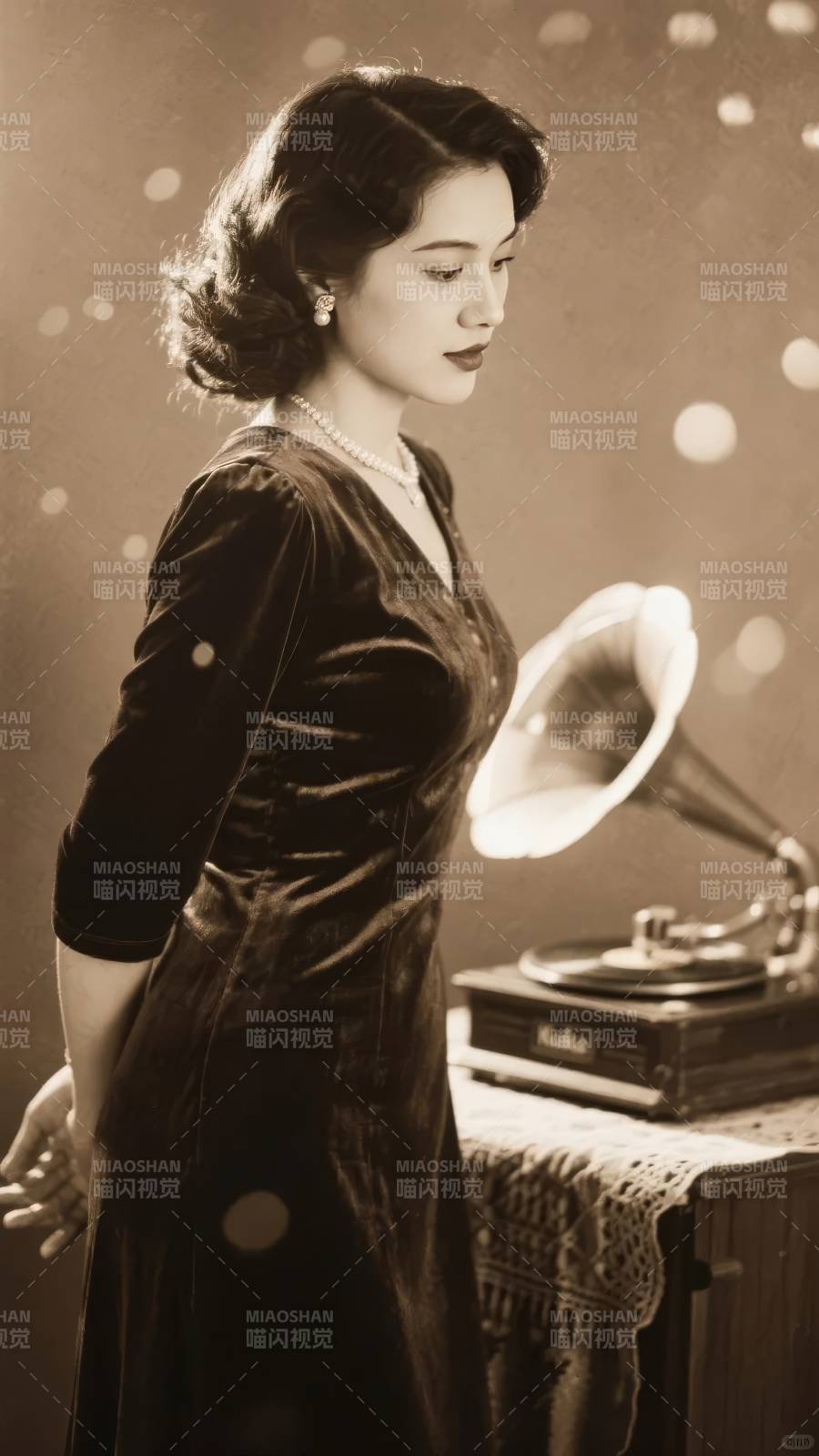 复古留声机旁的优雅女子图片