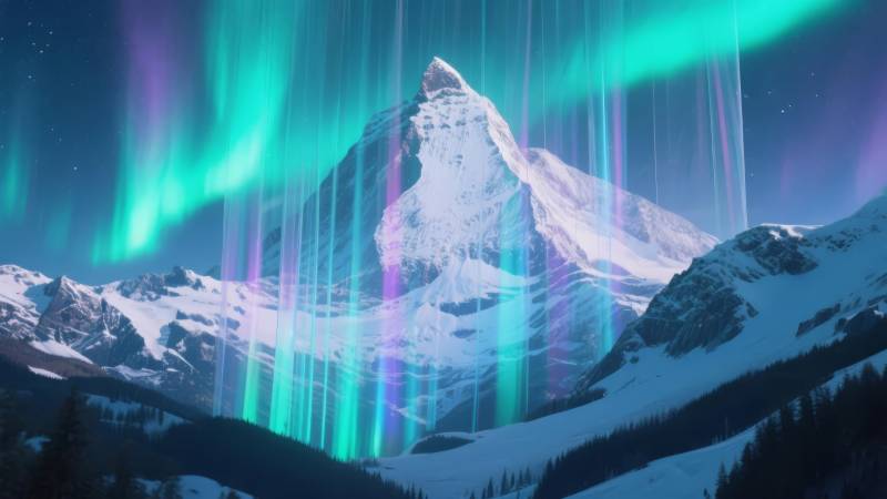 极光映雪峰图片