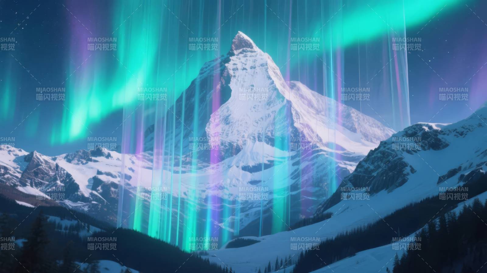极光映雪峰图片