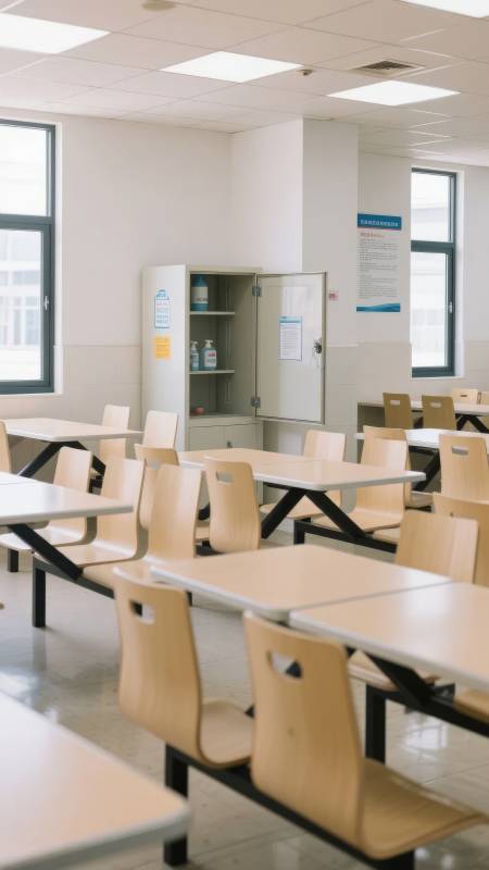 整洁的教室内部，排列整齐的桌椅图片