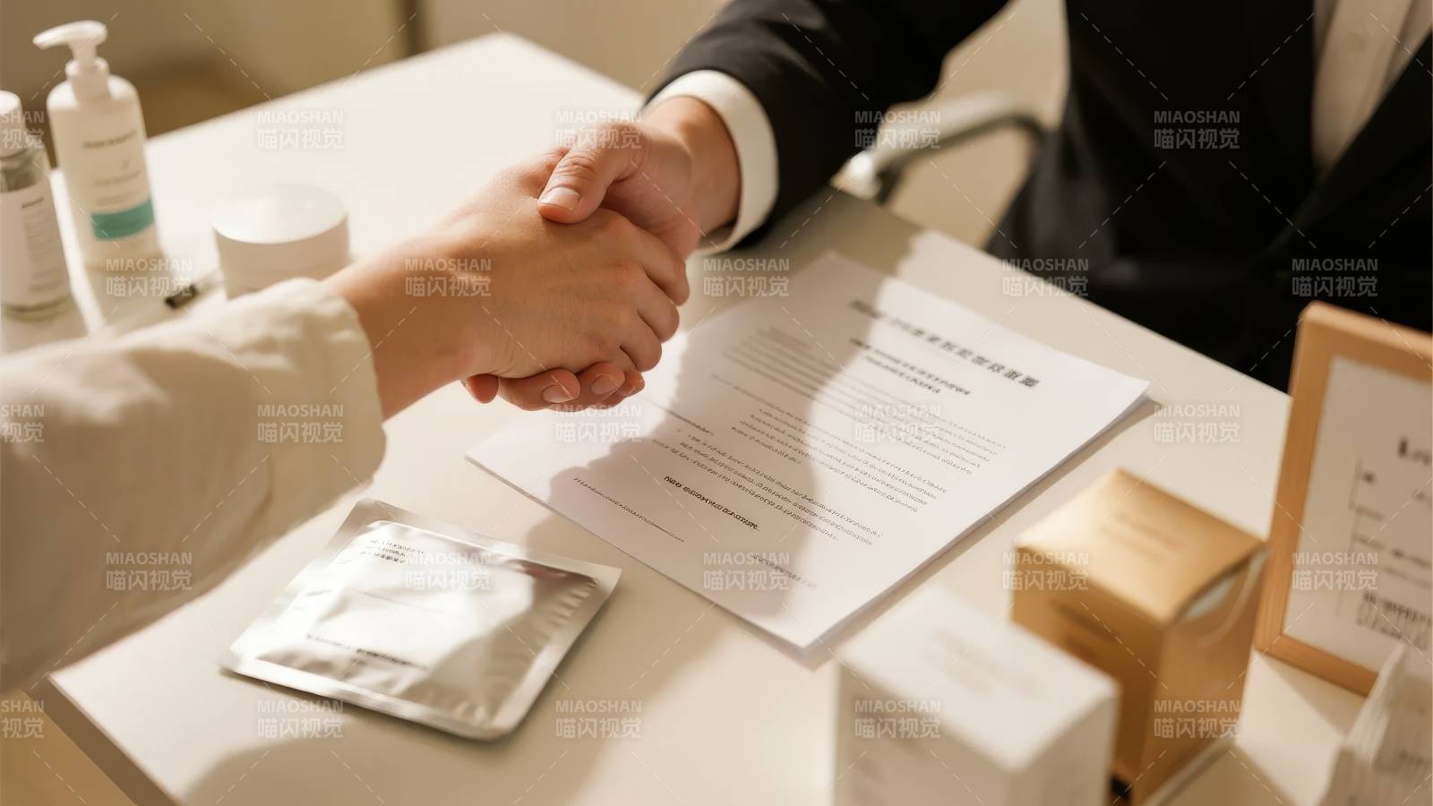 商务洽谈中的握手与文件签署图片