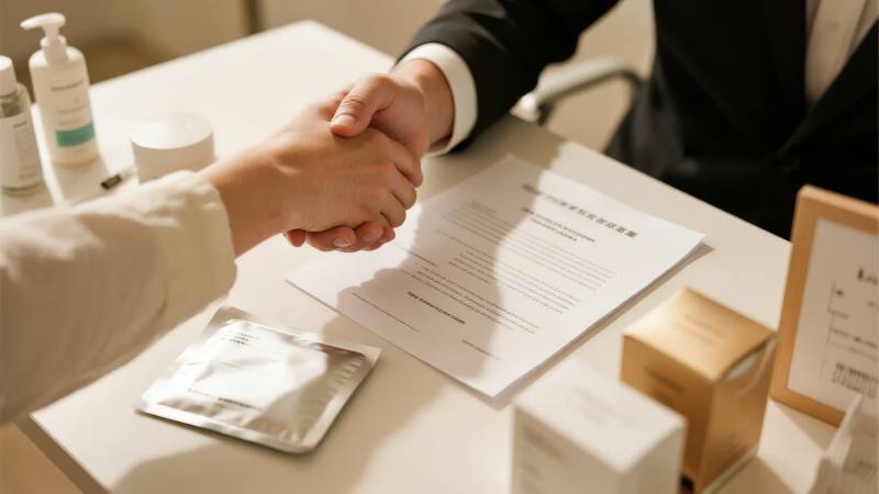 商务洽谈中的握手与文件签署图片