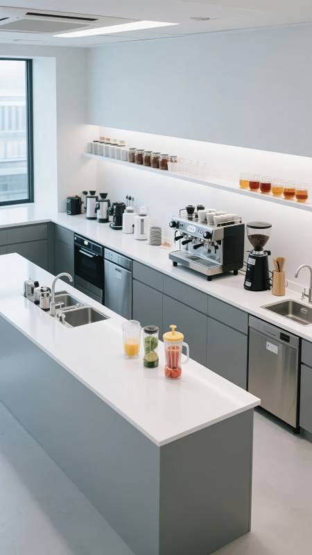 现代简约厨房，配备咖啡机和吧台图片