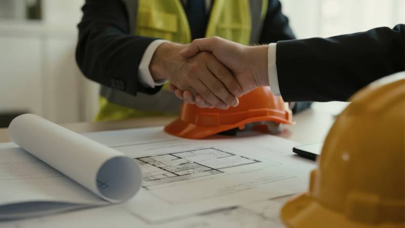 工地合作握手，蓝图与安全帽旁图片