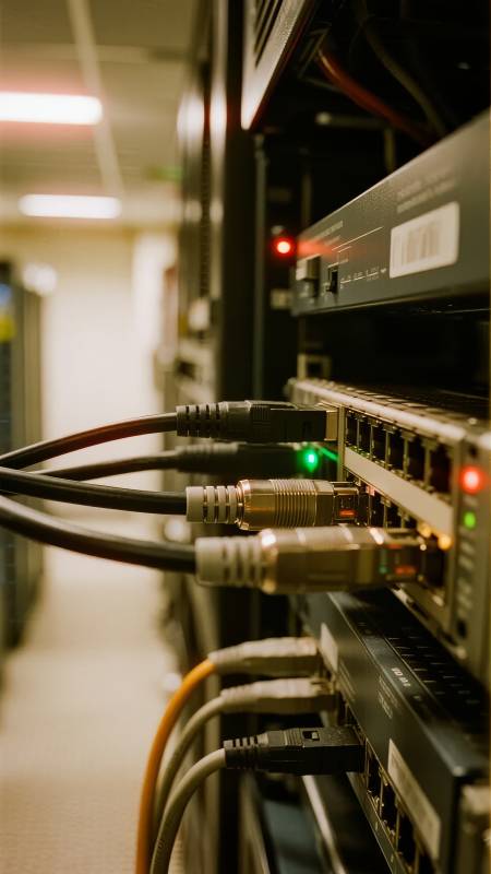 服务器机柜中的网络设备与连接线图片