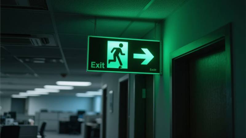 绿色紧急出口标志照亮的走廊图片