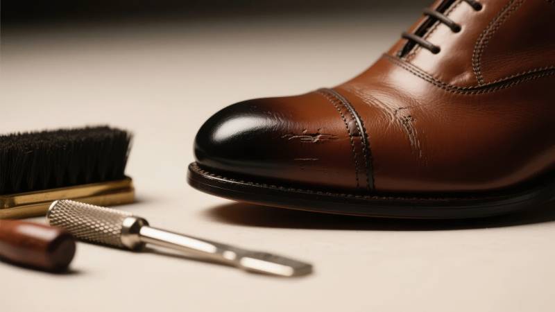 棕色皮鞋与护理工具特写图片