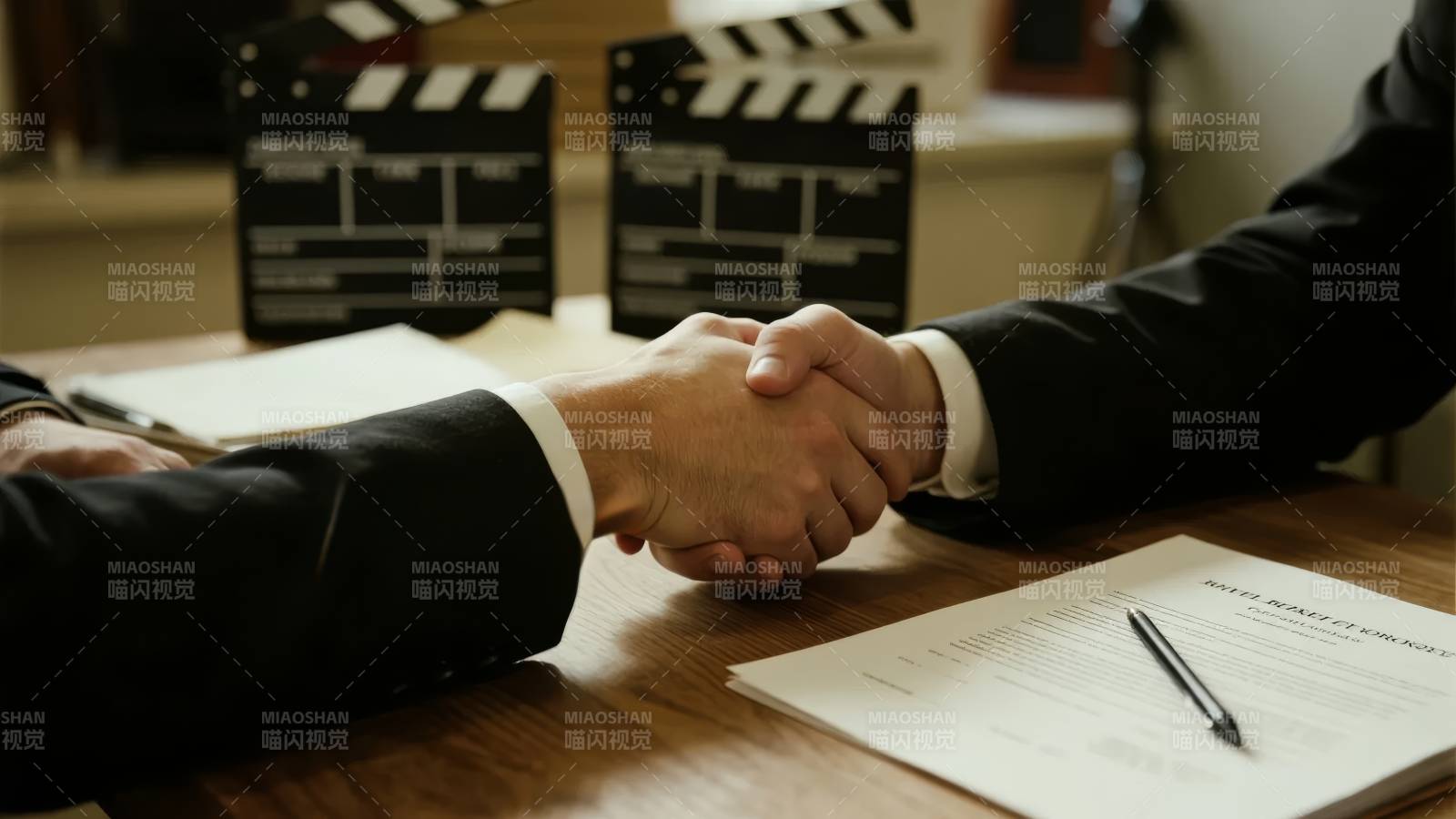 商务握手，背景为电影拍板图片
