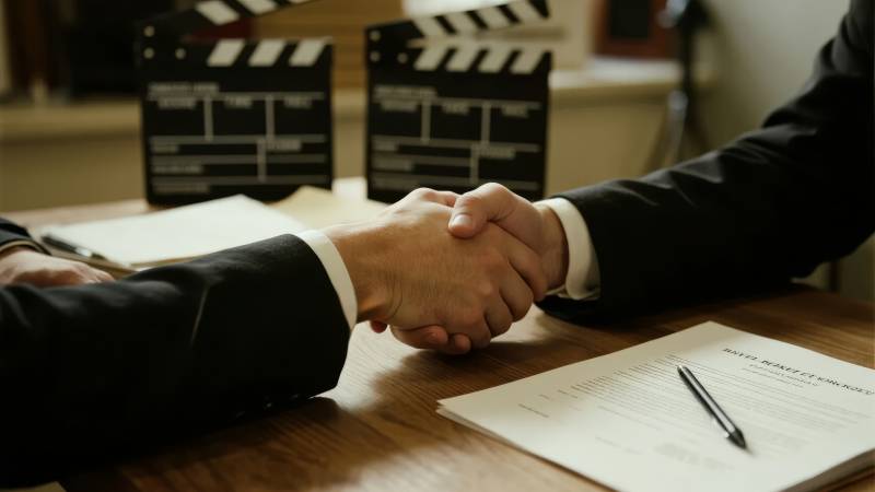 商务握手，背景为电影拍板图片