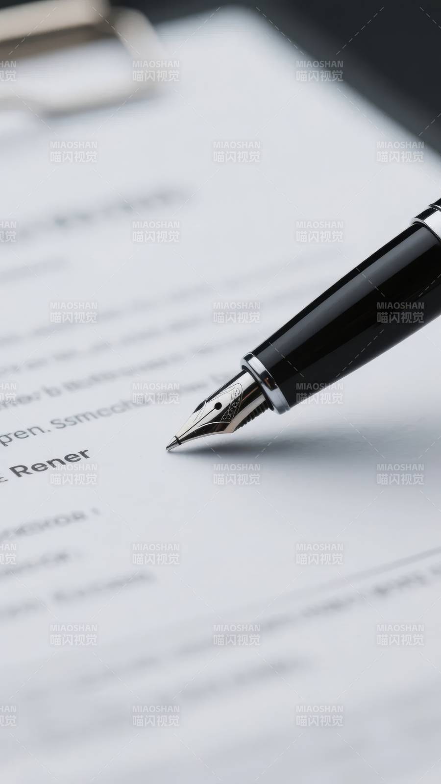 钢笔置于文件之上，细节特写图片