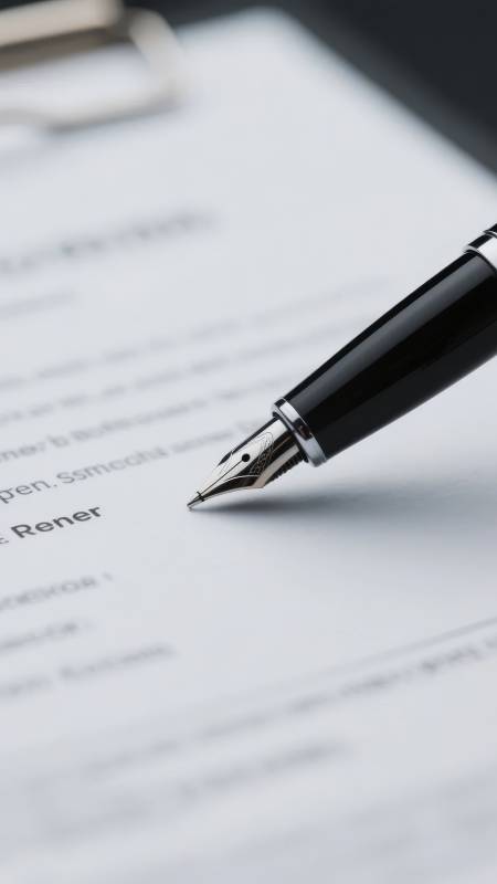 钢笔置于文件之上，细节特写图片