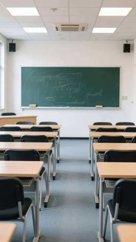 空旷教室内的桌椅与黑板图片