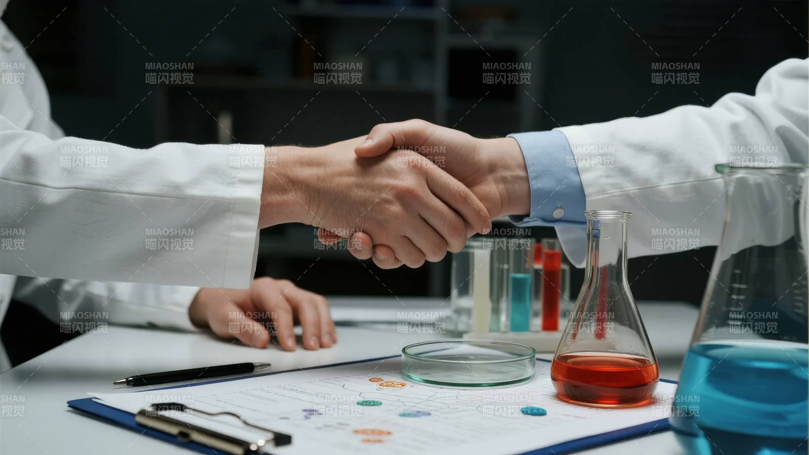 实验室中两位科学家握手合作图片