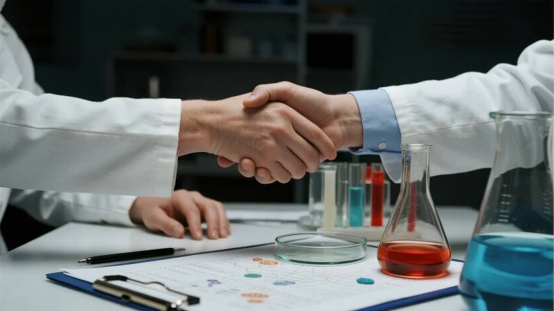 实验室中两位科学家握手合作图片