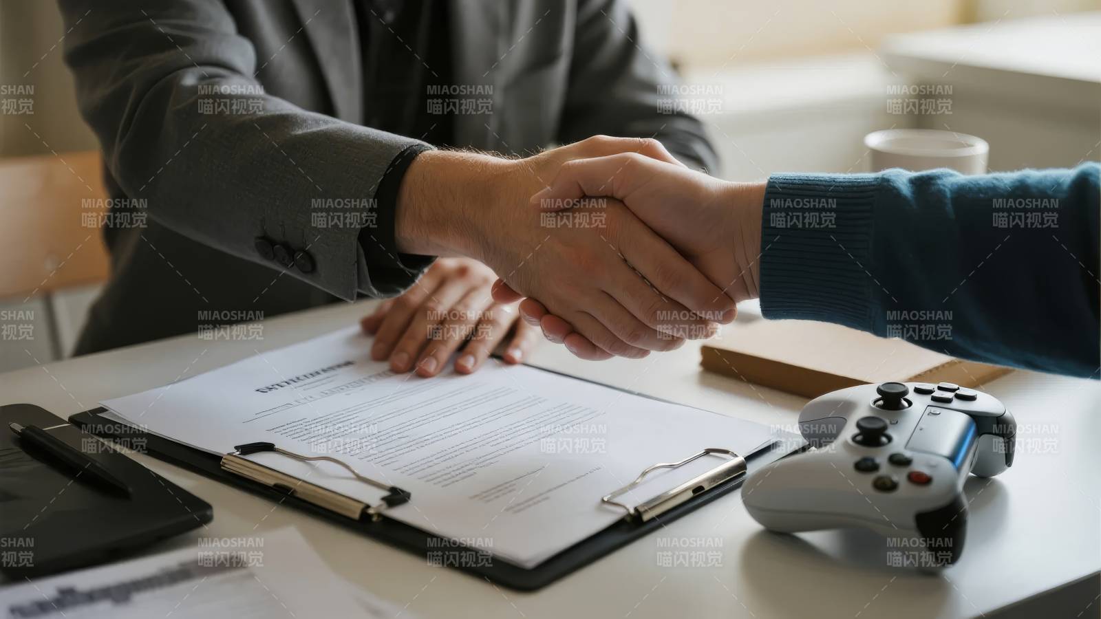 商务握手与游戏手柄的结合场景图片