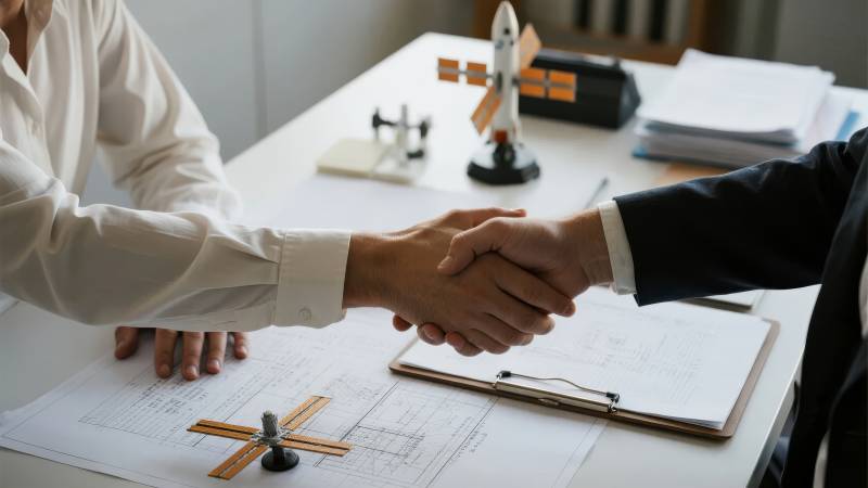 商务合作握手，桌上图纸与模型图片
