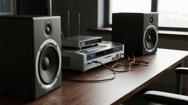 现代音响系统置于木质桌面图片