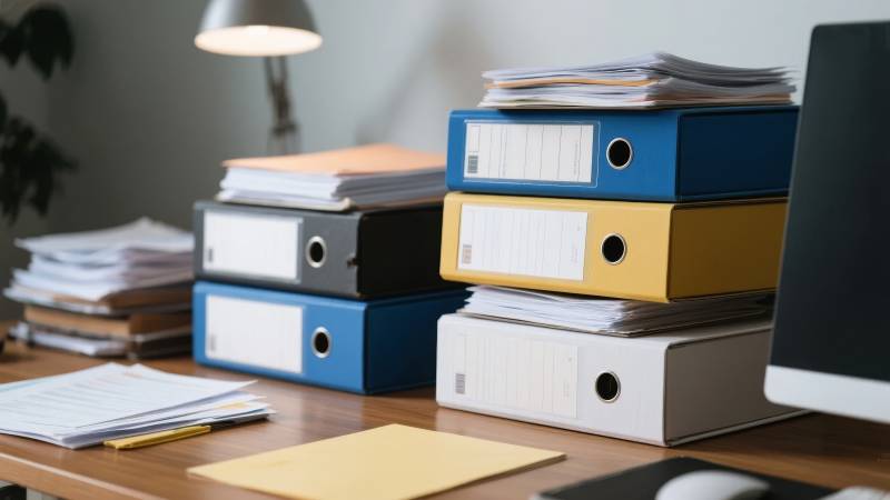 办公桌上的文件夹和文档堆叠图片