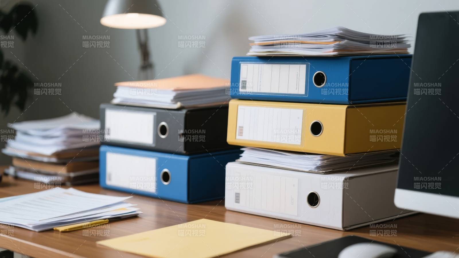 办公桌上的文件夹和文档堆叠图片