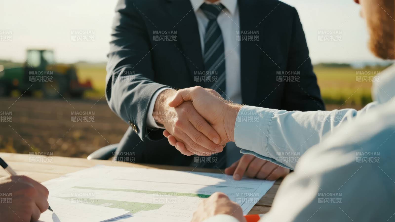 商务人士田间握手合作图片