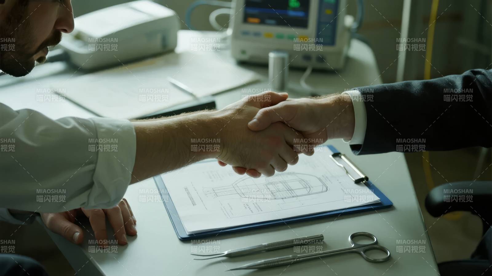 医生与商人握手，桌上放置医疗工具和图纸图片