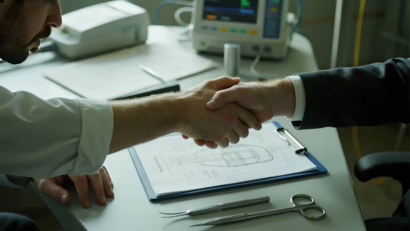 医生与商人握手，桌上放置医疗工具和图纸图片