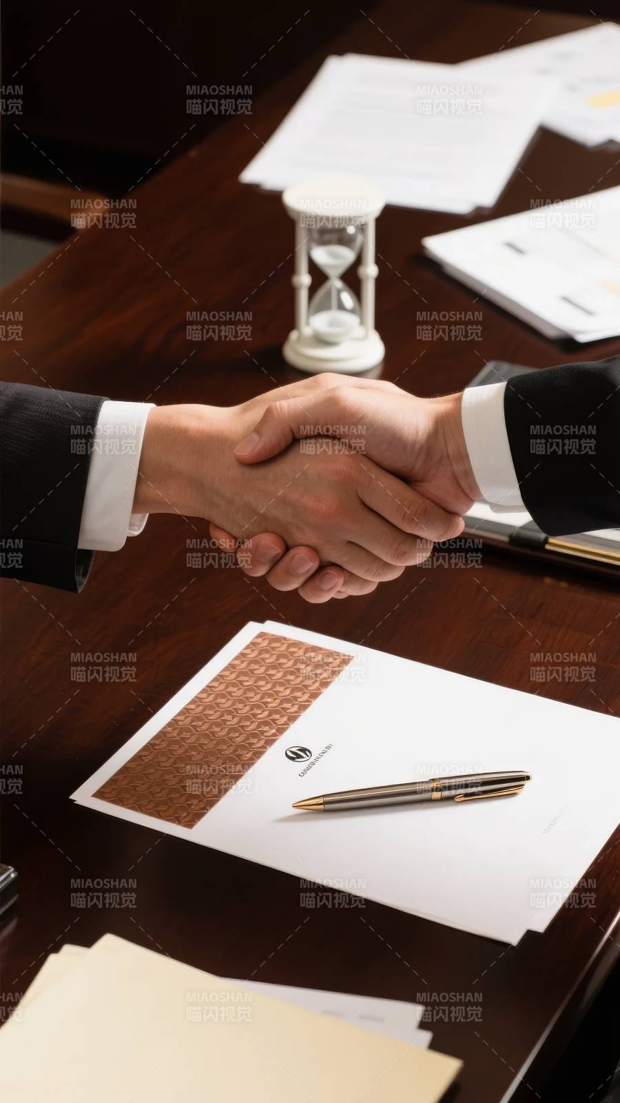 商务会议中的握手与文件签署图片